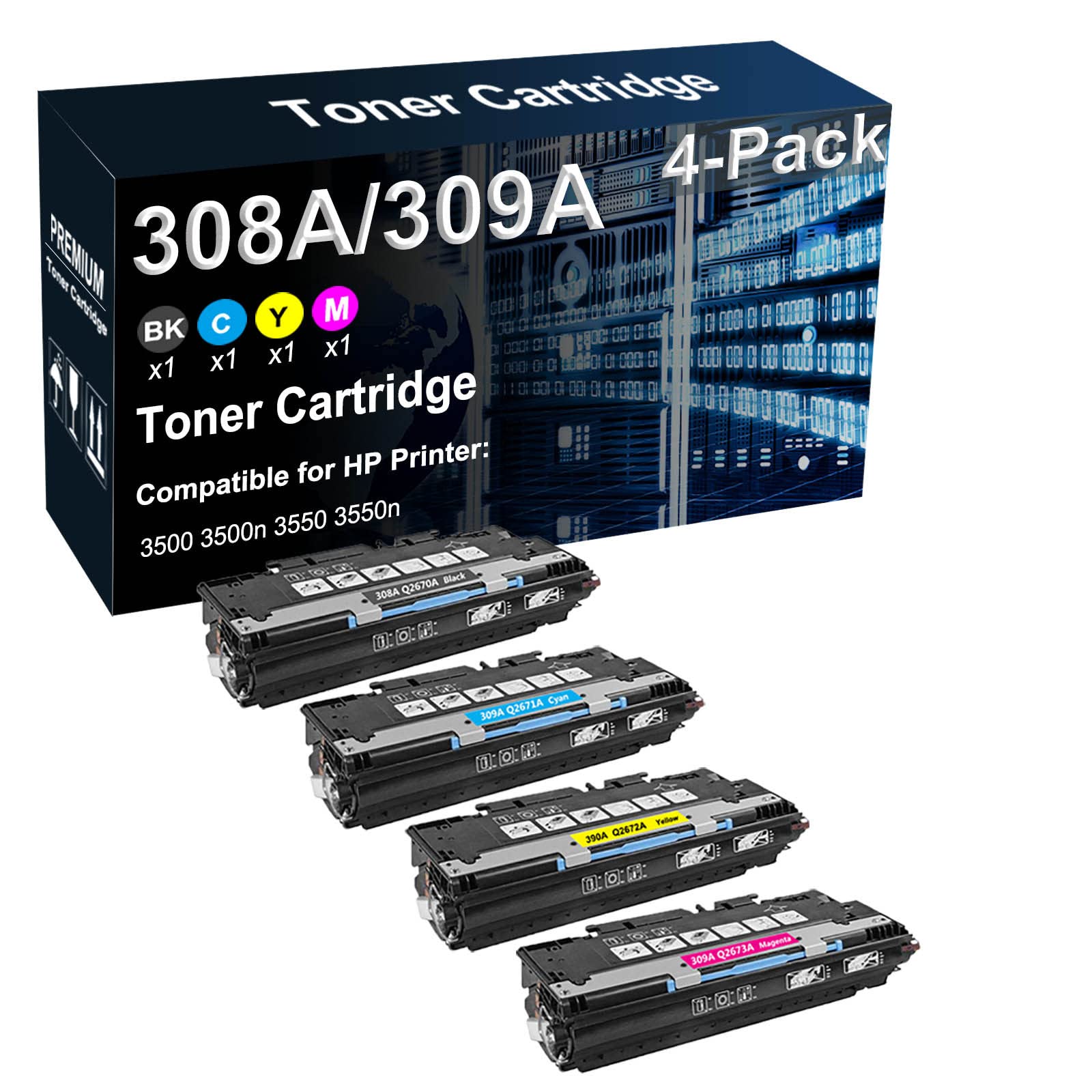 4-Pack (BK+C+Y+M) Compatible High Yield 308A 309A (Q2670A Q2671A Q2672A Q2673A) Toner Cartridge Used for HP 3500 3500n 3550 3550n Printer (Texts-Clear)