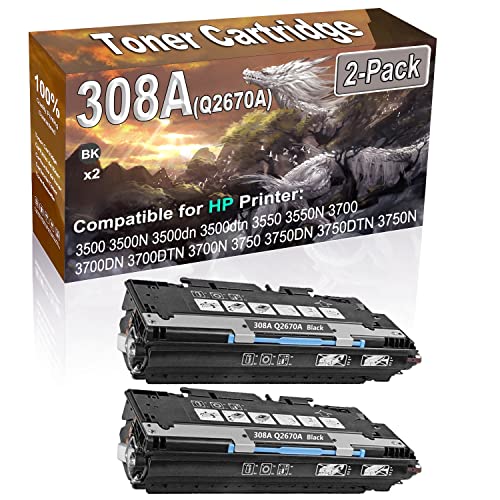 2-Pack (Black) Compatible 3500 3500N 3500dn 3500dtn 3550 3550N 3700 3700DN 3700DTN 3700N Color Toner Cartridge (High Capacity) Replacement for HP 308A (Q2670A) Toner Cartridge