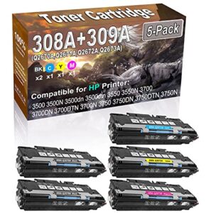 5-pack (2bk/c/y/m) compatible high capacity 308a 309a (q2670a q2671a q2672a q2673a) imaging toner cartridge used for hp 3500 3500n 3500dn 3500dtn 3550 3550n 3700 printer