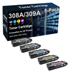 5-Pack (2BK+C+Y+M) Compatible 308A 309A (Q2670A Q2671A Q2672A Q2673A) Toner Cartridge Used for HP 3500 3500n 3550 3550n Printer (High Yield)