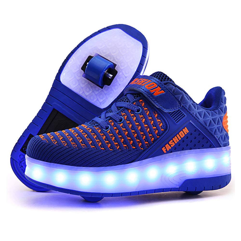 Qneic Kids Roller Shoes USB Charging Double Wheels Skate Shoes for Boys Girls Sneakers Outdoor Sports Shoes LED Lights up Skates Size 3.5 Blue