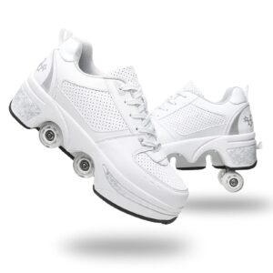 roller skate shoes for women four rounds children's roller skates shoes that turn into rollerskates sneakers outdoor light shoes with wheels for girls/boys (white silver, us 8.5)