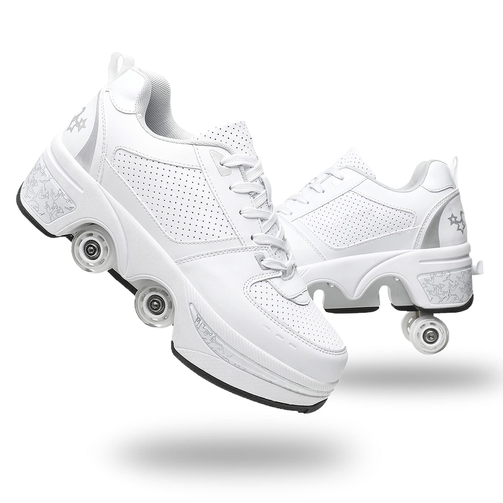 Roller Skate Shoes for Women Four Rounds Children's Roller Skates Shoes That Turn into Rollerskates Sneakers Outdoor Light Shoes with Wheels for Girls/Boys (White Silver, US 8.5)