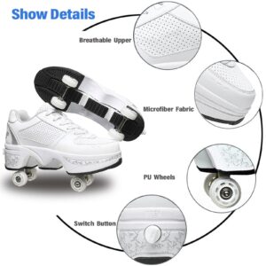 Roller Skate Shoes for Women Four Rounds Children's Roller Skates Shoes That Turn into Rollerskates Sneakers Outdoor Light Shoes with Wheels for Girls/Boys (White Silver, US 8.5)