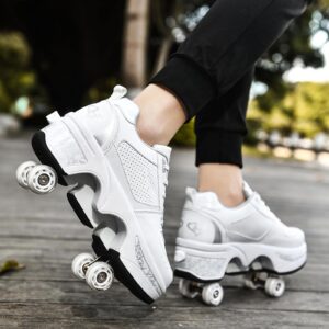 Roller Skate Shoes for Women Four Rounds Children's Roller Skates Shoes That Turn into Rollerskates Sneakers Outdoor Light Shoes with Wheels for Girls/Boys (White Silver, US 8.5)