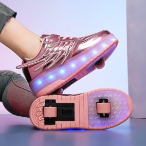 HOVERKICKES LED Roller Skate Shoes for Kids Boys Girls Light Up Roller Sneakers with Detachable Wheels Rechargeable Flashing Wheeled Shoes Pink