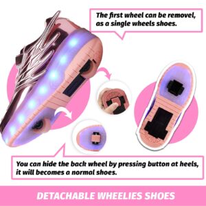 HOVERKICKES LED Roller Skate Shoes for Kids Boys Girls Light Up Roller Sneakers with Detachable Wheels Rechargeable Flashing Wheeled Shoes Pink