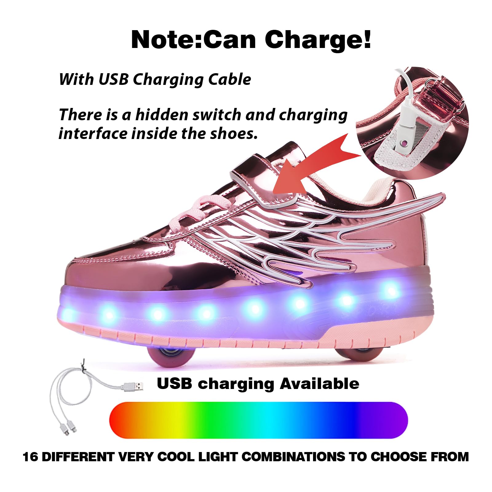 HOVERKICKES LED Roller Skate Shoes for Kids Boys Girls Light Up Roller Sneakers with Detachable Wheels Rechargeable Flashing Wheeled Shoes Pink