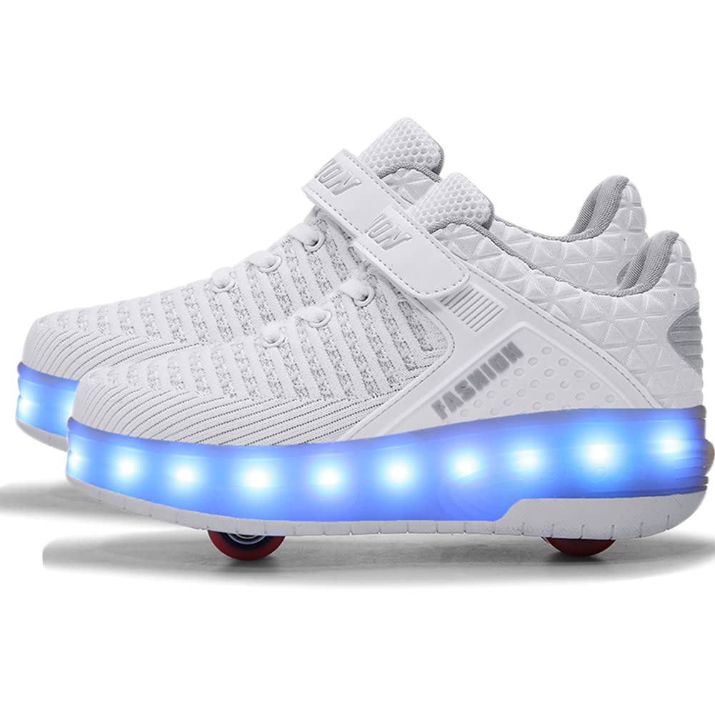 AIkuass Wheely Shoes for Kids Roller Shoes USB Rechargeable LED Light Up Wheel Shoes Skate Sneaker Shoes for Boys Girls Kids (6 Big Kid / EU39, White)