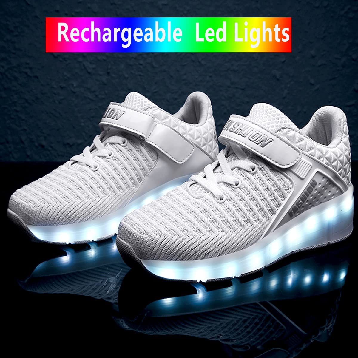 AIkuass Wheely Shoes for Kids Roller Shoes USB Rechargeable LED Light Up Wheel Shoes Skate Sneaker Shoes for Boys Girls Kids (6 Big Kid / EU39, White)