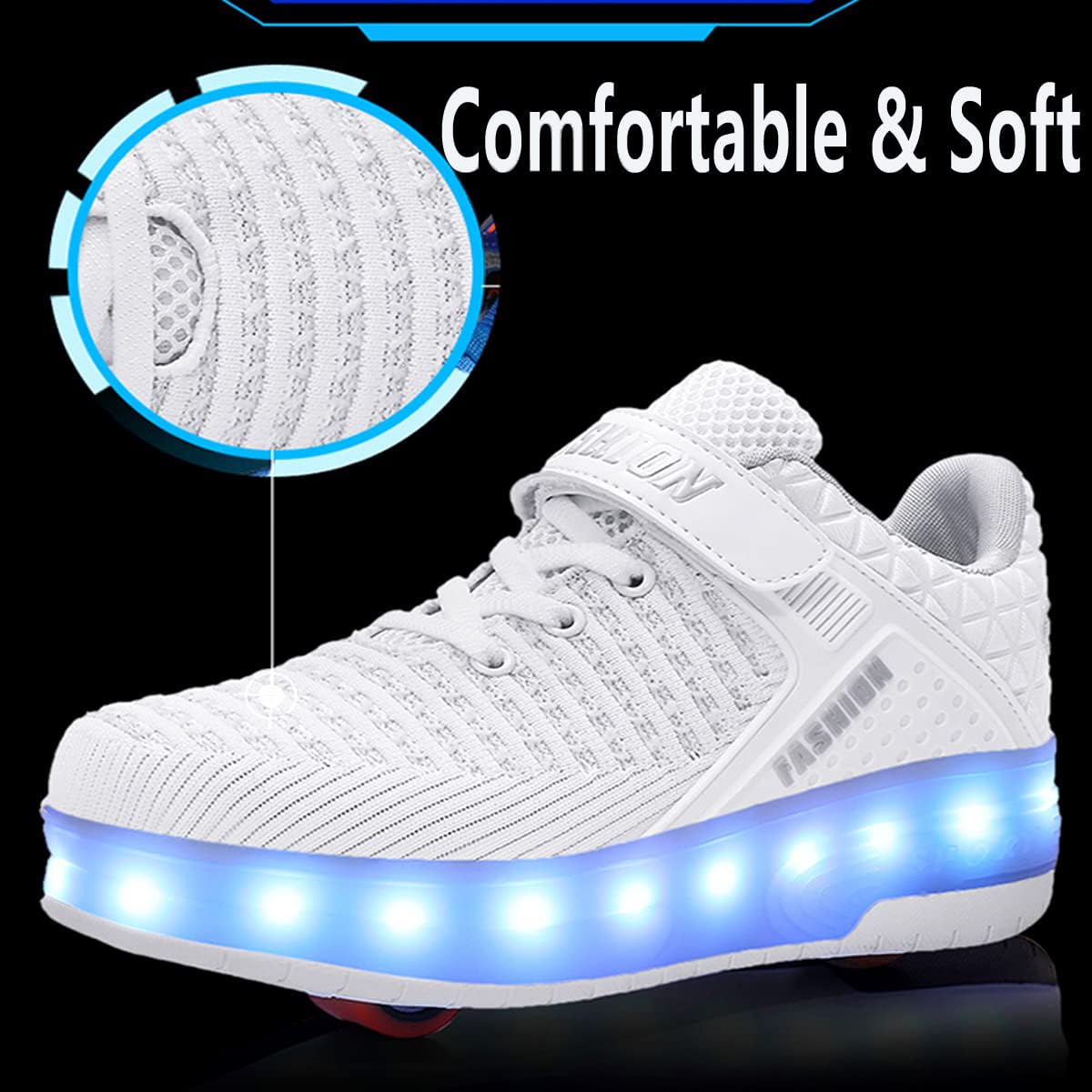 AIkuass Wheely Shoes for Kids Roller Shoes USB Rechargeable LED Light Up Wheel Shoes Skate Sneaker Shoes for Boys Girls Kids (6 Big Kid / EU39, White)