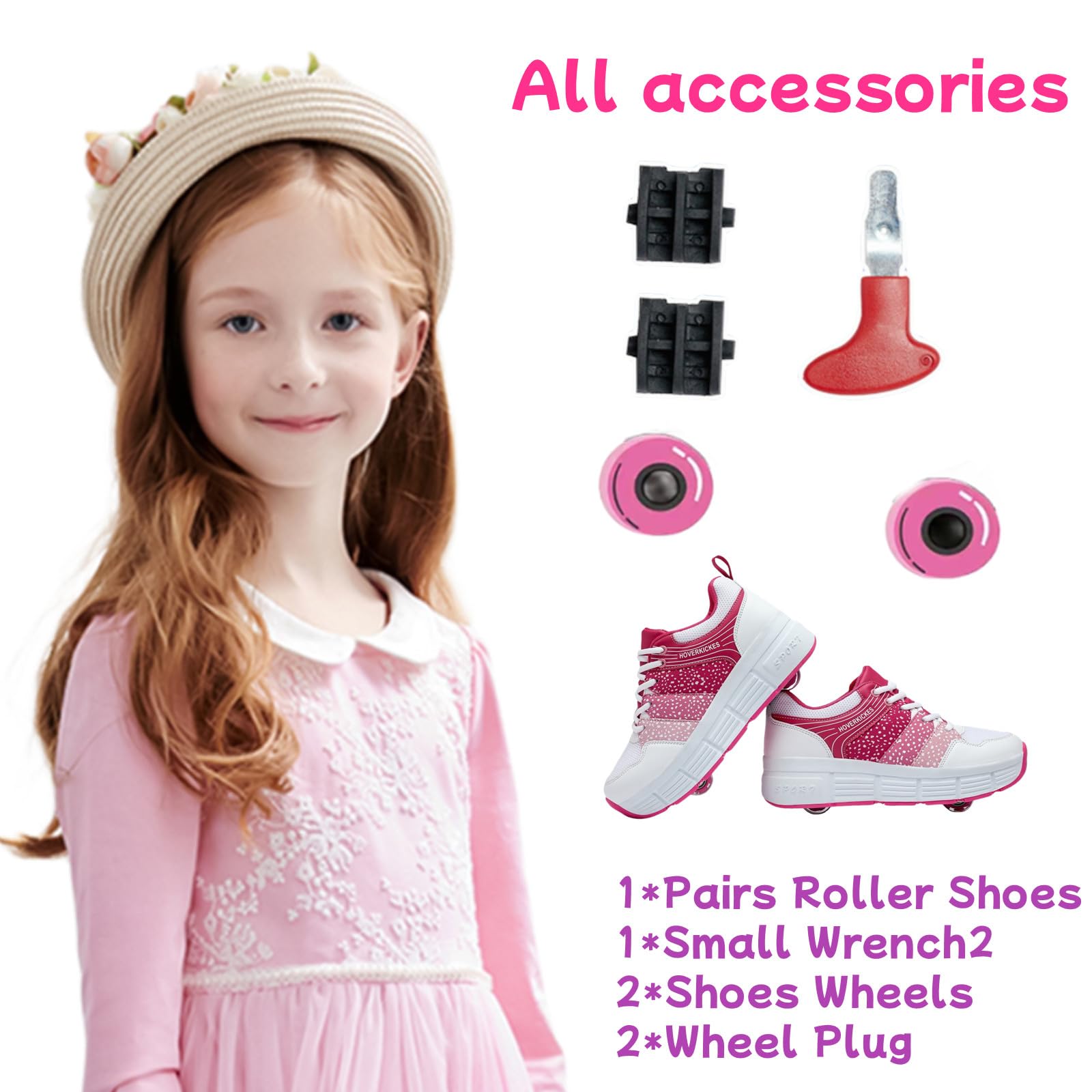 HOVERKICKES Roller Skate Shoes for Kids Boys Girls Wheelies Sneakers with Detachable Wheels Classical Roller Wheeled Shoes Pink