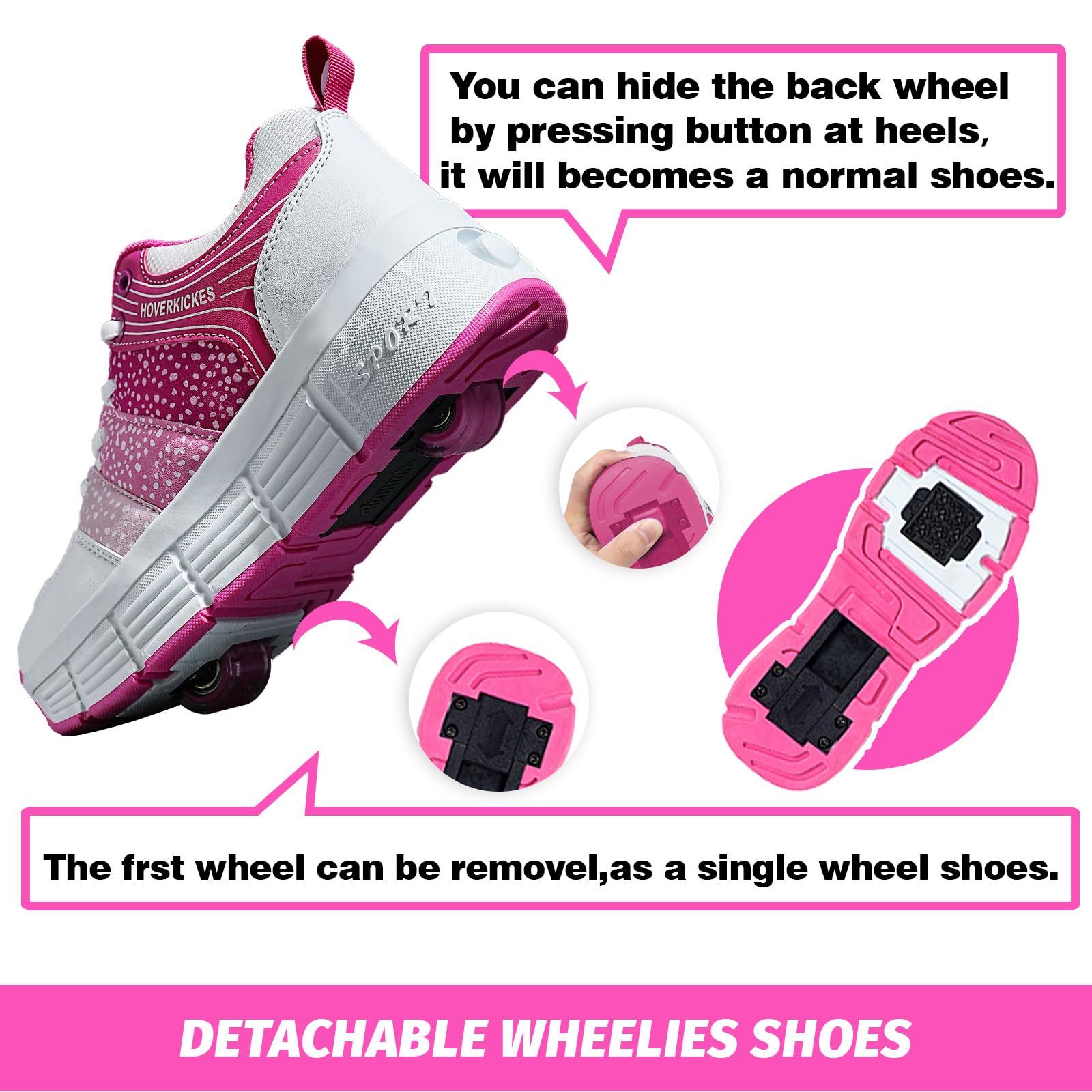 HOVERKICKES Roller Skate Shoes for Kids Boys Girls Wheelies Sneakers with Detachable Wheels Classical Roller Wheeled Shoes Pink