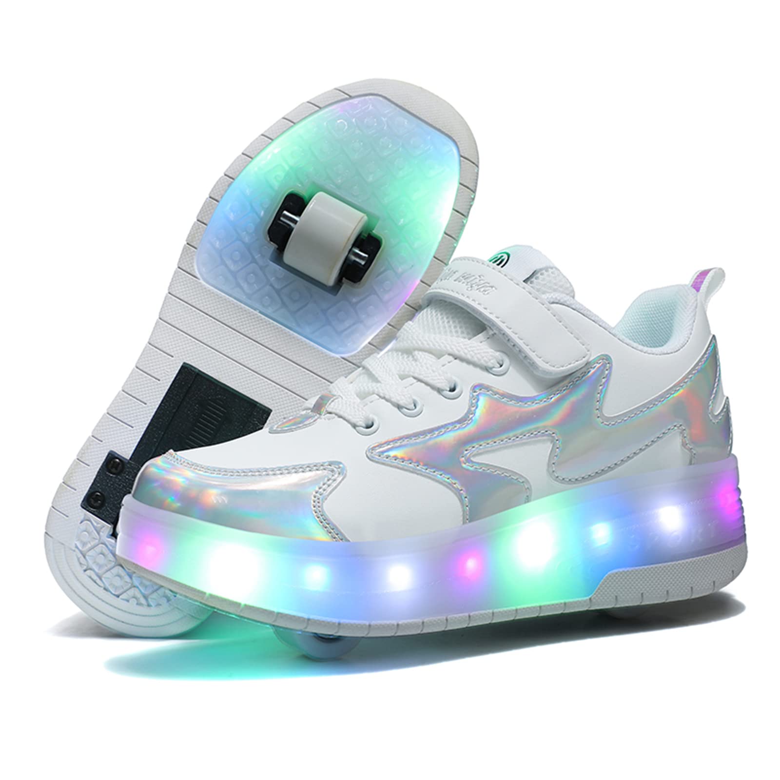 BFOEL Girls Roller Skates Light up Shoes Roller Shoes USB Charge Girls Boys Sneakers with Wheels LED Roller Skates Shoes(5.5 Big Kid White Silver 37)