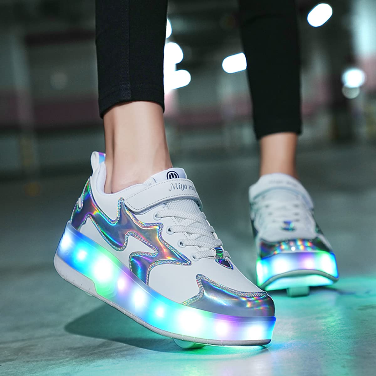 BFOEL Girls Roller Skates Light up Shoes Roller Shoes USB Charge Girls Boys Sneakers with Wheels LED Roller Skates Shoes(5.5 Big Kid White Silver 37)