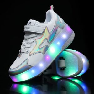 BFOEL Girls Roller Skates Light up Shoes Roller Shoes USB Charge Girls Boys Sneakers with Wheels LED Roller Skates Shoes(5.5 Big Kid White Silver 37)