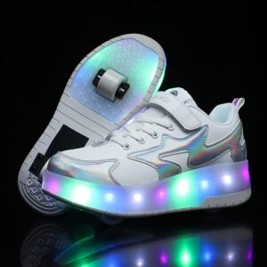 BFOEL Girls Roller Skates Light up Shoes Roller Shoes USB Charge Girls Boys Sneakers with Wheels LED Roller Skates Shoes(5.5 Big Kid White Silver 37)