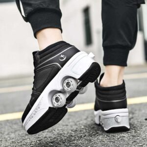 Roller Skates for Women Men Outdoor,2 in1 Parkour Shoes with Wheels for Girls/Boys,Double Row Deform Kick Roller Shoes Retractable Adults/Kids,Quad Roller Skates,Skating Shoes Recreation Sneakers