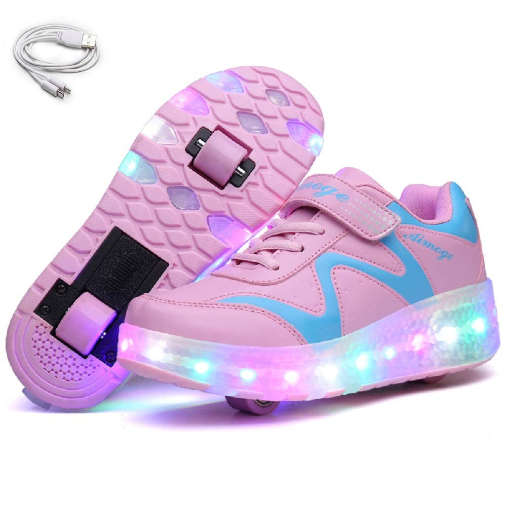 Ehauuo Kids Wheels Roller Shoes for Girls USB Light Up with Wheels Roller Sneakers for Gift (11 M US Little Kid, A-Pink)