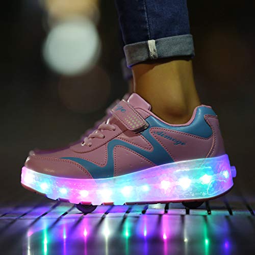 Ehauuo Kids Wheels Roller Shoes for Girls USB Light Up with Wheels Roller Sneakers for Gift (11 M US Little Kid, A-Pink)