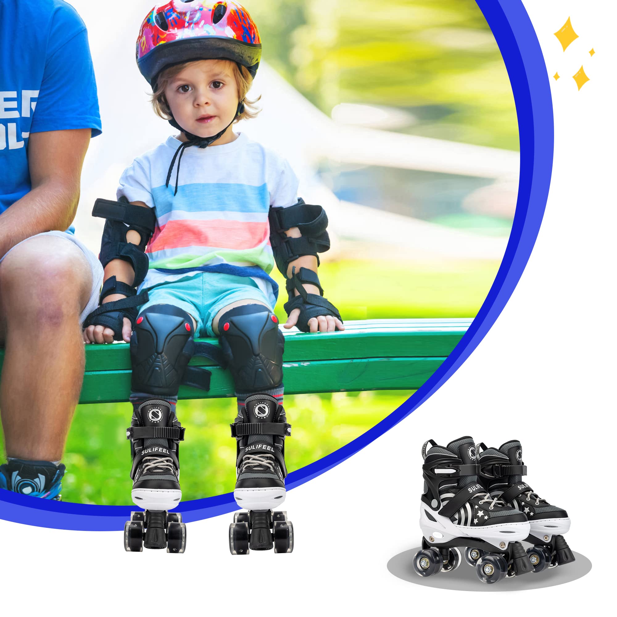 SULIFEEL Rainbow Unicorn 4 Size Adjustable Light up Roller Skates for Girls Boys for Kids (E Black, Small - Little Kid)