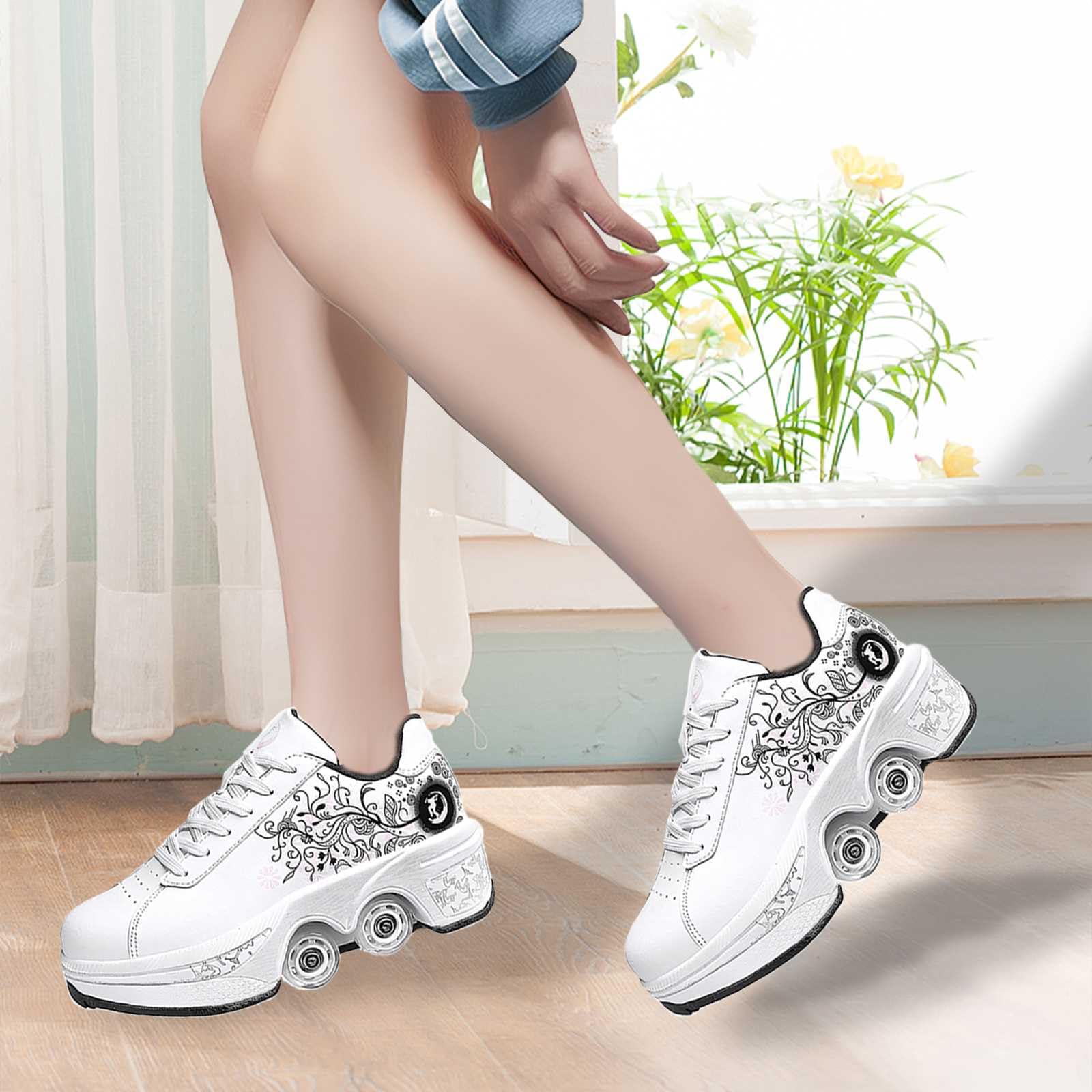 JZYUN Clock Double-Row Deformation Skates, Multifunctional Roller Shoes,Pulley& Outdoor Sneakers 2-in-1 Shoes, Automatic Walking Shoes with 4 Retractable Wheels for Adult Children