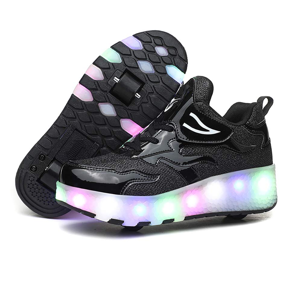 Auhoho Kids USB Charging Led Light Up Shoes Outdoor Double Wheels Roller Skate Sneakers for Boys Girls 8 M US Big Kid,Black