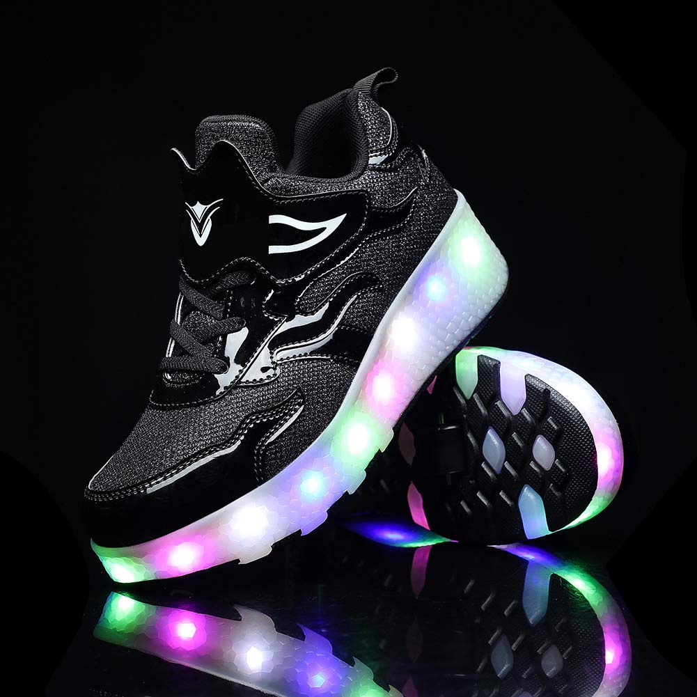 Auhoho Kids USB Charging Led Light Up Shoes Outdoor Double Wheels Roller Skate Sneakers for Boys Girls 8 M US Big Kid,Black