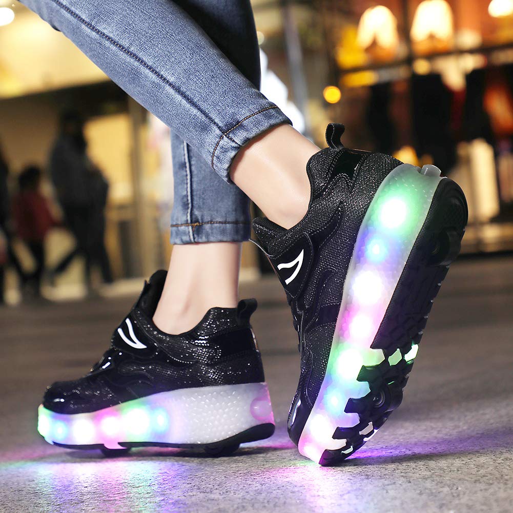 Auhoho Kids USB Charging Led Light Up Shoes Outdoor Double Wheels Roller Skate Sneakers for Boys Girls 8 M US Big Kid,Black