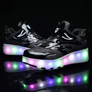 Auhoho Kids USB Charging Led Light Up Shoes Outdoor Double Wheels Roller Skate Sneakers for Boys Girls 8 M US Big Kid,Black