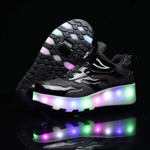 Auhoho Kids USB Charging Led Light Up Shoes Outdoor Double Wheels Roller Skate Sneakers for Boys Girls 8 M US Big Kid,Black