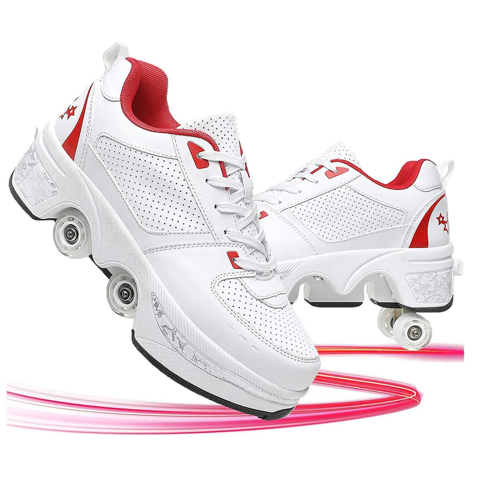 Retractable Roller Skates, Unisex Detachable 2 in 1 Roller Skates, Double Row Deformation Sneakers, Multifunction Outdoor Kick Roller Shoes, Invisible Pulley Shoes, Casual Sneakers White Red