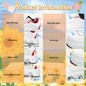 Retractable Roller Skates, Unisex Detachable 2 in 1 Roller Skates, Double Row Deformation Sneakers, Multifunction Outdoor Kick Roller Shoes, Invisible Pulley Shoes, Casual Sneakers White Red