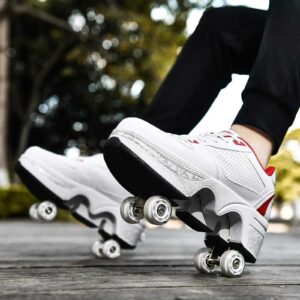 Retractable Roller Skates, Unisex Detachable 2 in 1 Roller Skates, Double Row Deformation Sneakers, Multifunction Outdoor Kick Roller Shoes, Invisible Pulley Shoes, Casual Sneakers White Red