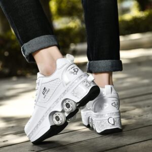 KOFUBOKE 2-in-1 Roller Skates & Sneakers Unisex Retractable Wheels Outdoor Fun & Fitness Kick Roller Shoes (White without Light, 6.5)