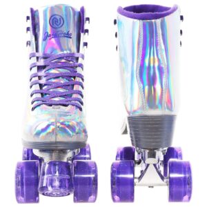 JajaHoho Roller Skates for Women, Holographic High Top PU Leather Rollerskates, Purple Shiny Double-Row Four Wheels Quad Skates, Age 8-50 Indoor Outdoor, Silver, Aluminum Trucks Baseplate, Size 8