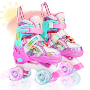 rainbow unicorn kids roller skates for girls boys toddler ages 2-4,4-pejiijar adjustable roller shoes with luminous wheels for birthday xmas gifts.