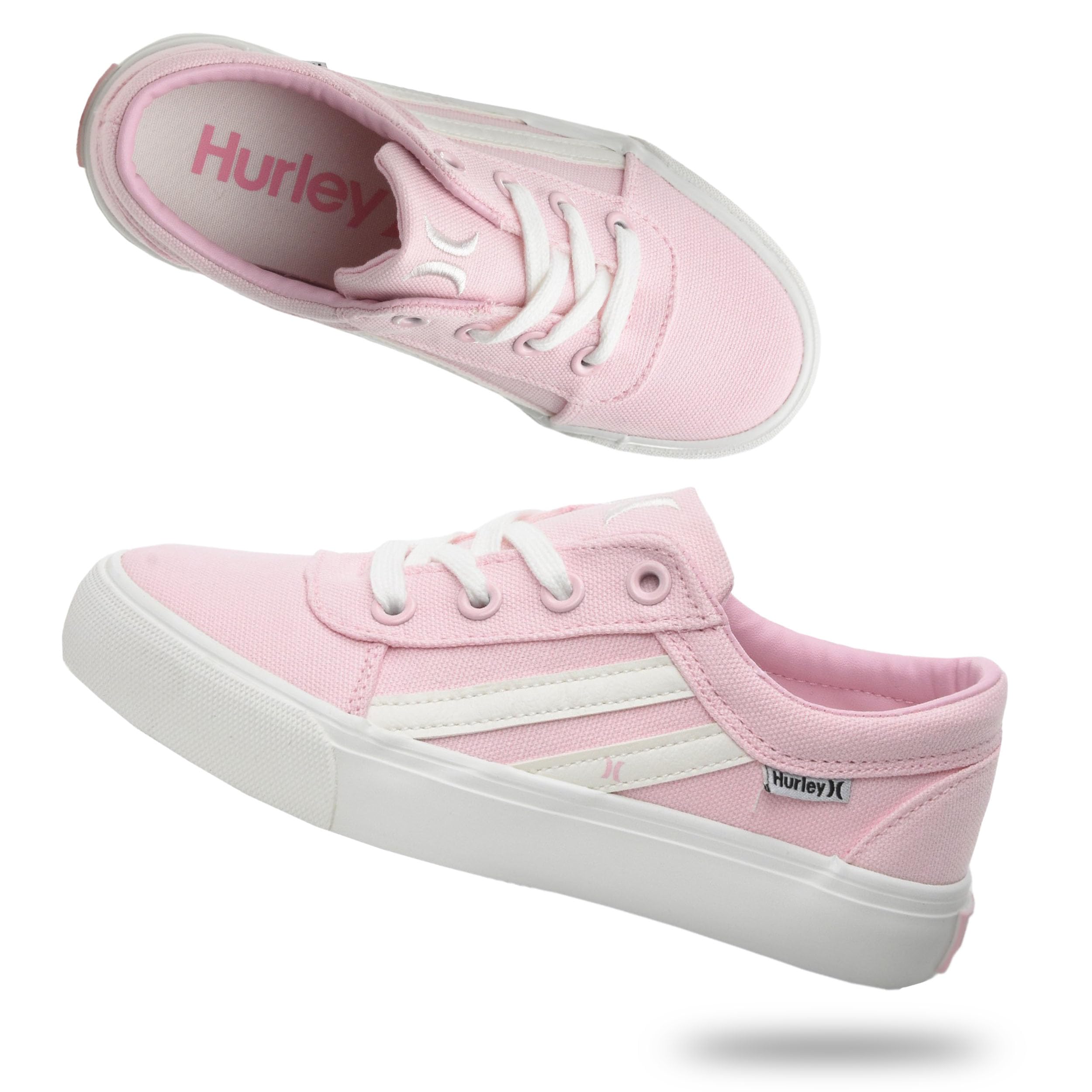 Hurley Boardy Lace-up Skateboard Shoe - Low top Lace-up Sneaker - Fashionable Skater Shoe for Boys & Girls - Lightweight Classic Casual Kids Skates Pink White