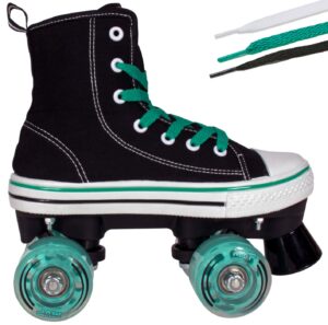 lenexa mvp roller skates for girls and boys - kid’s unisex quad roller skates with high top shoe style for indoor/outdoor (black/teal, j13)