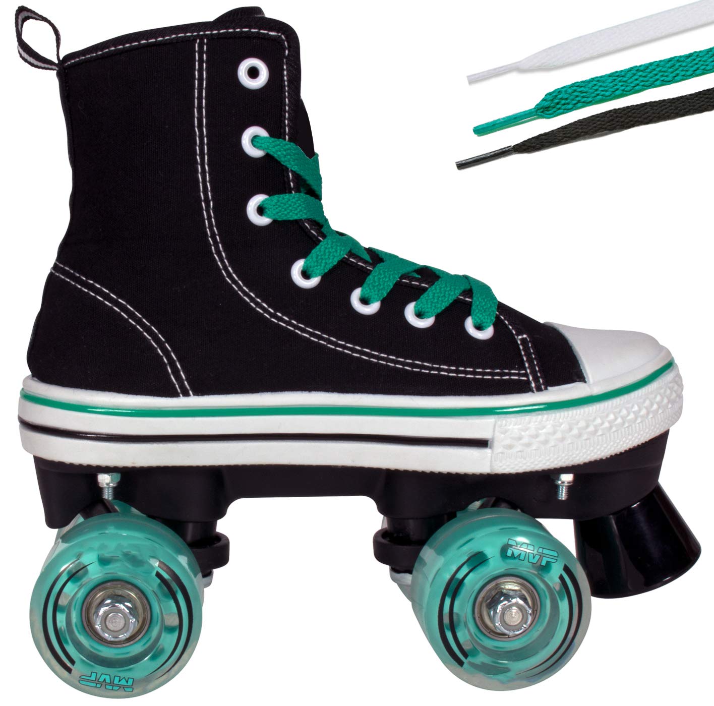 Lenexa MVP Roller Skates for Girls and Boys - Kid’s Unisex Quad Roller Skates with High Top Shoe Style for Indoor/Outdoor (Black/Teal, J13)