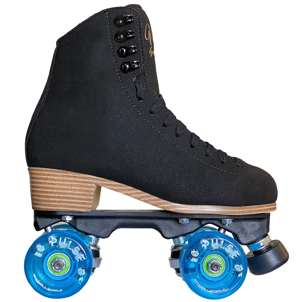 Jackson Ultima Vista Viper Roller Skates for Women and Girls with Blue Atom Pulse Lite Wheels, High Top Suede Quad Skates, (Black)