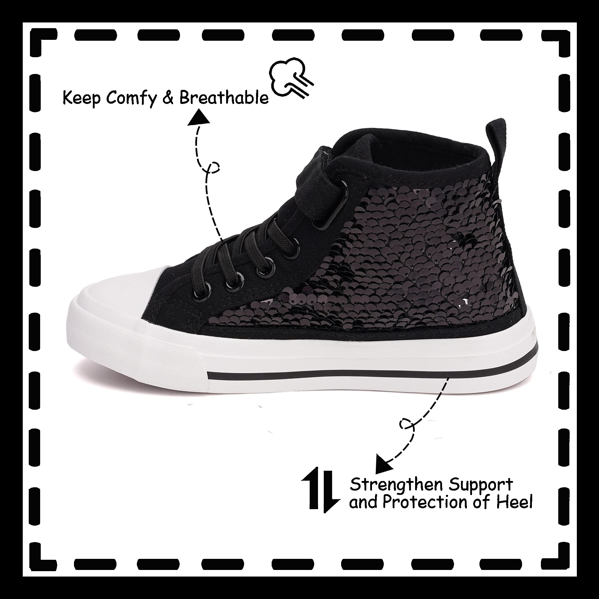 Toandon Girls Kids Canvas Shoes Sneakers for Toddler Boys Color Change Flipping Sequins Glitter Sparkle Slip On High Top Adjustable Hook Loop Straps Velcro Non-Slip Lightweight walking black size 9