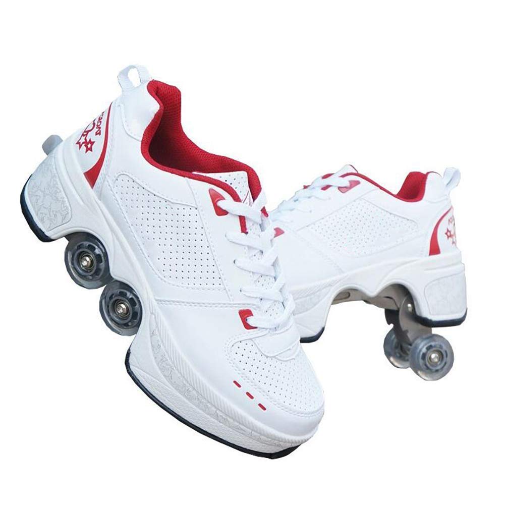 Deform Wheel Double Row Sneakers 4 Wheels Breathable Skates Roller Shoes Automatic Walking Invisible Pulley Deformation Roller (White Red, 31)