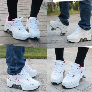 Deform Wheel Double Row Sneakers 4 Wheels Breathable Skates Roller Shoes Automatic Walking Invisible Pulley Deformation Roller (White Red, 31)