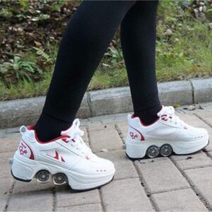 Deform Wheel Double Row Sneakers 4 Wheels Breathable Skates Roller Shoes Automatic Walking Invisible Pulley Deformation Roller (White Red, 31)