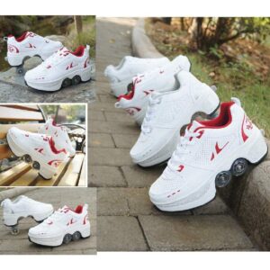 Deform Wheel Double Row Sneakers 4 Wheels Breathable Skates Roller Shoes Automatic Walking Invisible Pulley Deformation Roller (White Red, 31)