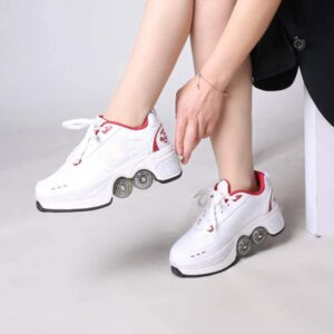 Deform Wheel Double Row Sneakers 4 Wheels Breathable Skates Roller Shoes Automatic Walking Invisible Pulley Deformation Roller (White Red, 31)