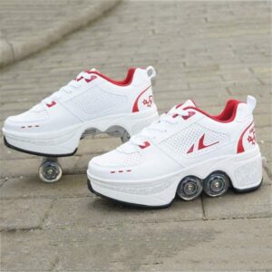 Deform Wheel Double Row Sneakers 4 Wheels Breathable Skates Roller Shoes Automatic Walking Invisible Pulley Deformation Roller (White Red, 31)