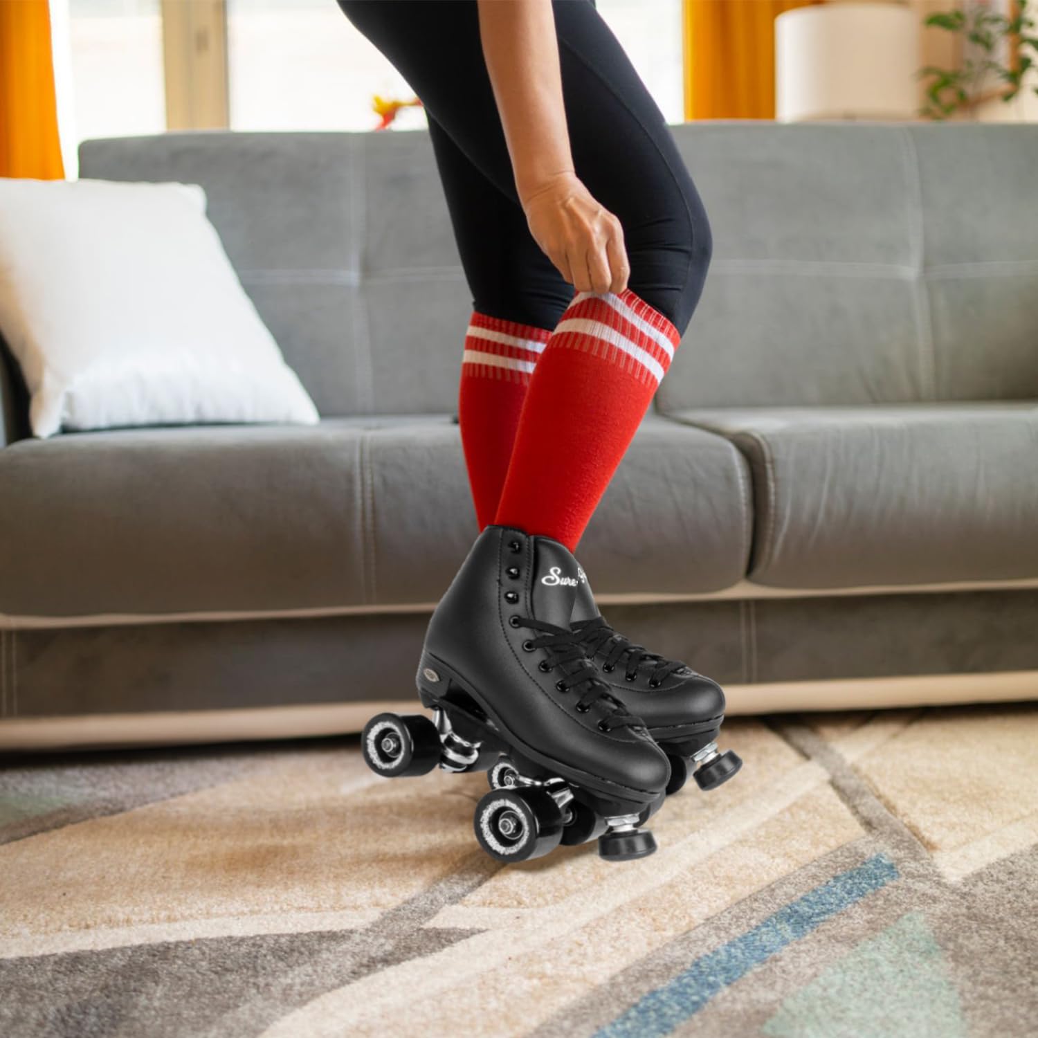 Sure Grip Fame Men & Women Premium Roller Skates Black Leatherette | Stylish Skates for Indoors - Double Structure, Stronger Grip, Extra Long Laces - Suitable for Beginners