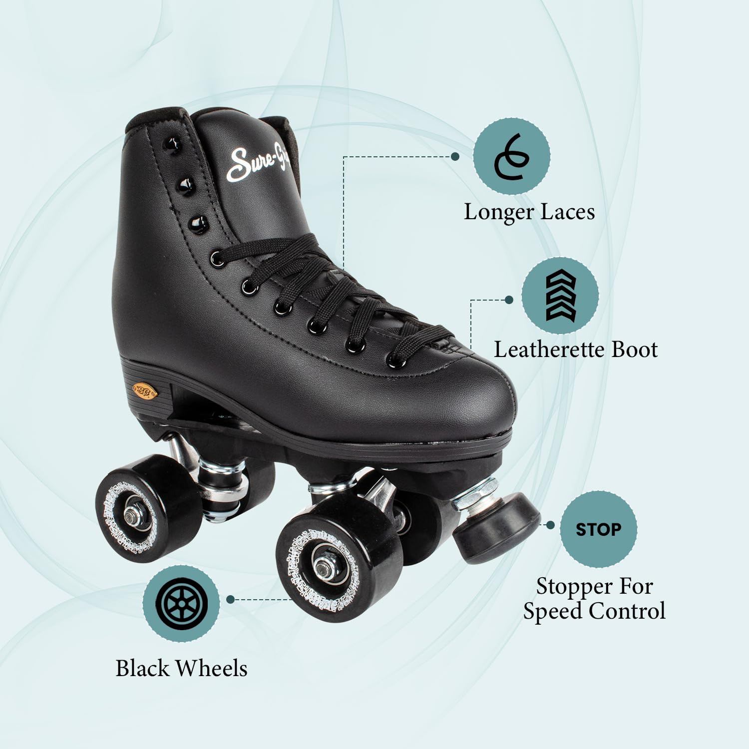 Sure Grip Fame Men & Women Premium Roller Skates Black Leatherette | Stylish Skates for Indoors - Double Structure, Stronger Grip, Extra Long Laces - Suitable for Beginners